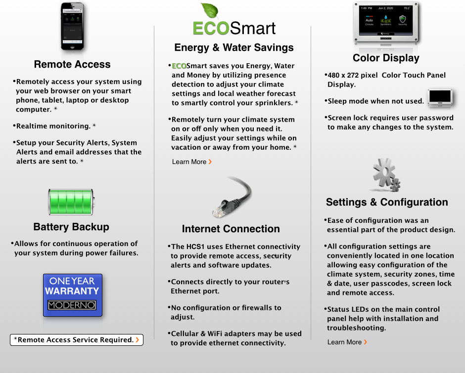 Features Remote Access, Energy Savings, Color Touch Panel, Internet Connection, one year warranty